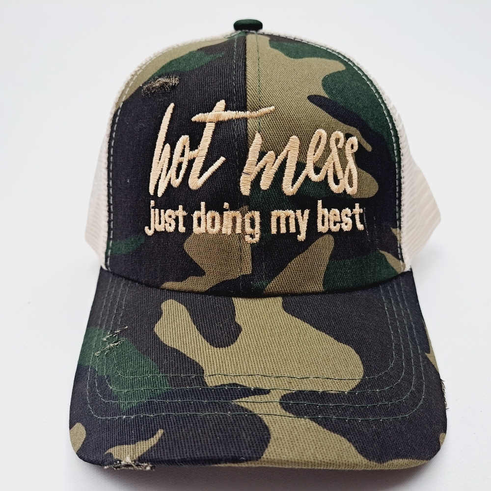 Hot Mess Women's Embroidered Pony Tail Criss Cross Hat Cap Cotton Camouflage